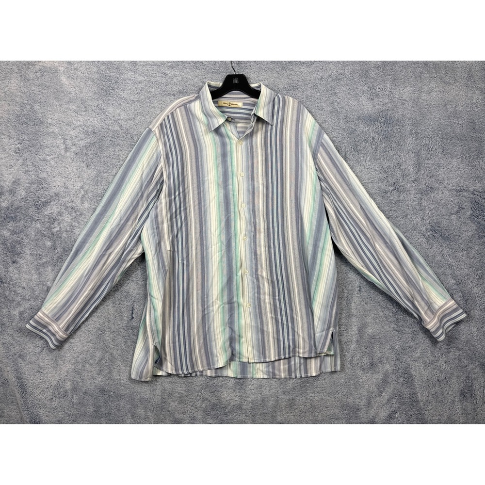 Tommy Bahama Mens XL Blue Striped Button Up Long Sleeve 100% Tencel Shirt